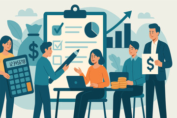 Financial planning and budgeting. Vector illustration of team calculating expenses and income. Great for banking, accounting, and corporate finance visuals.
