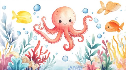 Naklejka premium A charming underwater scene! Hand-painted watercolor artwork features an adorable octopus among other sea creatures and plants. Perfect for children's celebrations or sea-themed projects