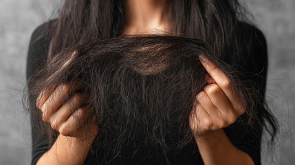 Female holding dark hair wig exhibiting hair loss and thinning