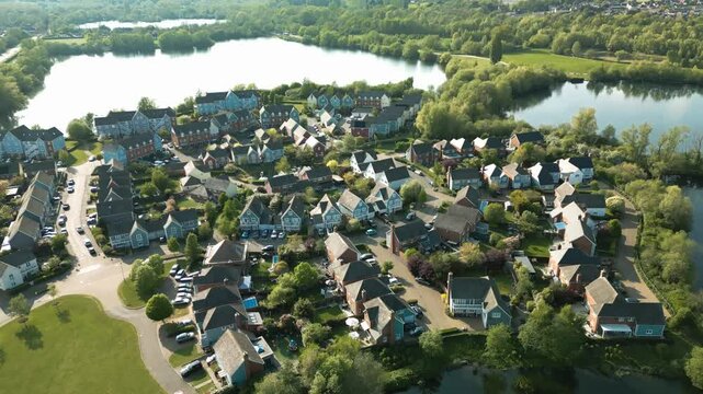Aerial drone view of  Leybourne Lakes and housing estate, Aylesford, Kent, England