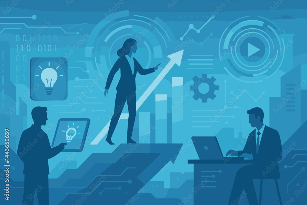 Aufkleber tech innovation and digital progress. vector illustration of futuristic business environment. perfec