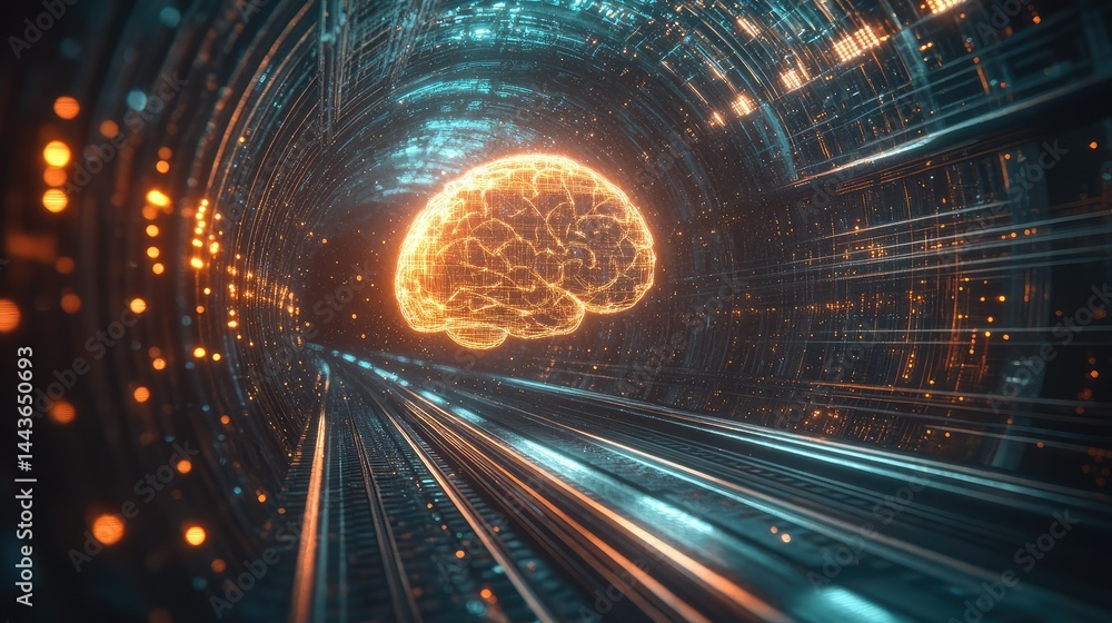 Poster a glowing brain inside a futuristic tunnel. digital neural pathways and energy flow create a high-te