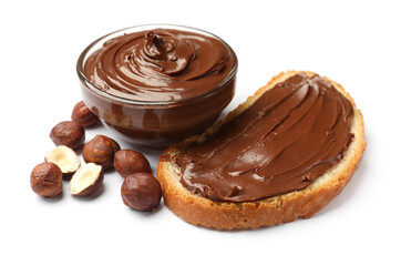 Toast with chocolate hazelnut spread and nuts isolated on white