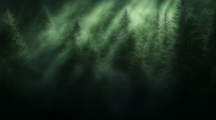 Sunlight filtering through misty pine forest with vertical light shafts
