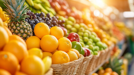 Assorted citrus fruits with pineapple and basket in bright sunlight
