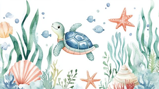 A charming watercolor illustration depicts an underwater scene with a turtle, starfish, coral, plants, and a seashell.  Perfect for kids