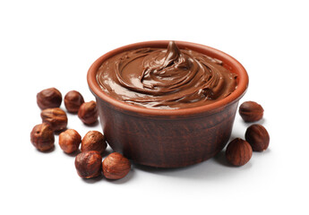 Tasty chocolate hazelnut spread and nuts isolated on white
