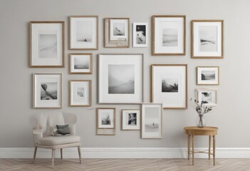 Elegant gallery wall mockup; various frame styles, sizes, white background,  collage,  wood frame