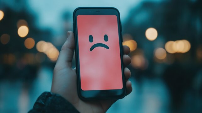 Close-up of a hand holding a smartphone displaying a sad face &mdash; concept of cyberbullying and online harassment