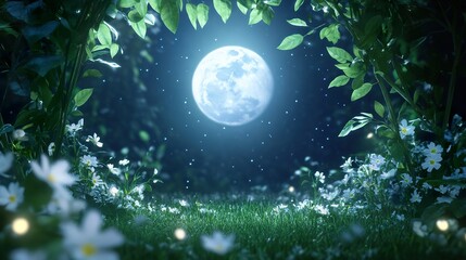Moonlit garden with lush foliage and daisies under a starry night sky