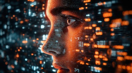 Futuristic female face in digital matrix with glowing orange and blue lights