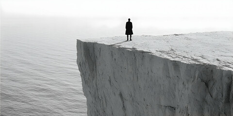 Solitary figure on cliff edge overlooking ocean; misty background; contemplation; website banner