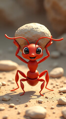 Determined Ant Cartoon Insect Carrying a Large Rock