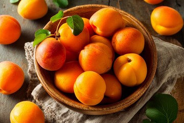 A wooden bowl fills with fresh apricots, showcasing their vibrant orange hues. Surrounding the bowl are scattered apricots and green leaves resting on a rustic table