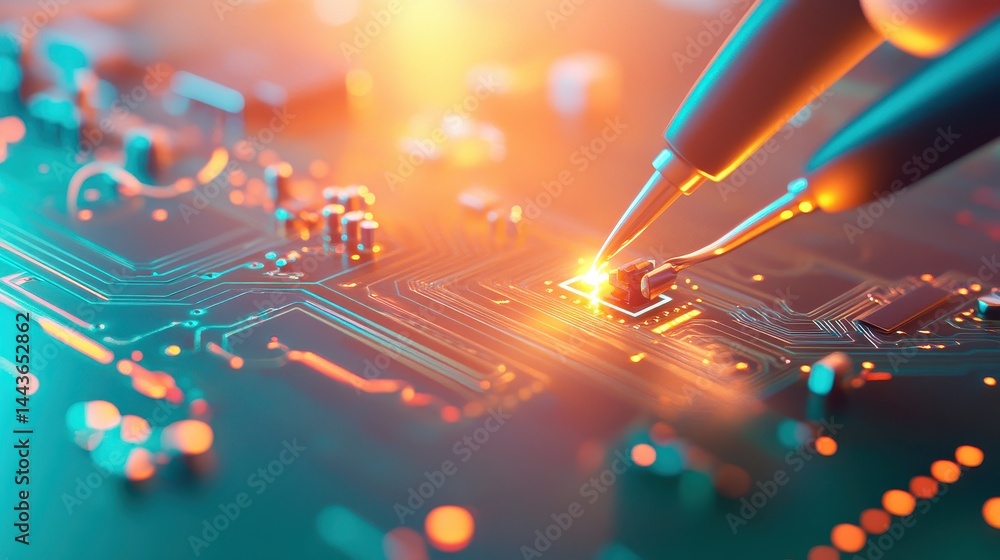 Poster hightech microchip installation precision soldering electronic circuit board glowing components intr