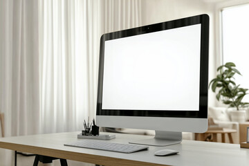 Fototapeta premium Large monitor with blank screen isolated on a clean desk in a bright, modern home office. Ideal for presentations, workspace design, or technology concepts.