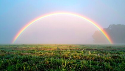 Naklejka premium Fogbow arching over dew-covered meadow at dawn