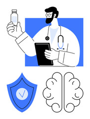 Medical professional holding a tablet and medicine bottle, shield symbolizing protection, and brain outline. Ideal for healthcare, mental health, research, technology, innovation, safety simple