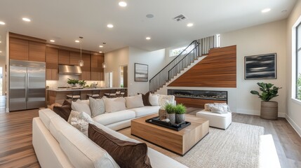 Modern living room with elegant interior design and open kitchen layout