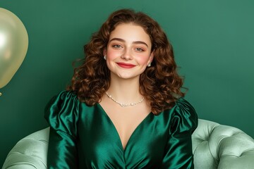 Smiling young caucasian female in green satin dress with curly hair and balloon