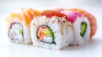 Close-up of assorted sushi rolls with colorful toppings on white background, featuring salmon, avocado, and caviar, and fresh and appetizing presentation.