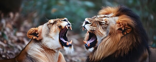 Fototapeta premium Lion and lioness roar at each other showing their teeth
