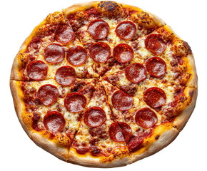 Delicious pepperoni pizza kitchen food aerial isolated on transparent background