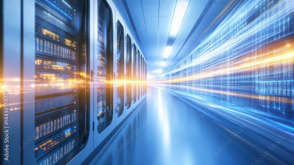 Poster highspeed data transfer in a modern server room illuminated by streaks of light depicting digital in