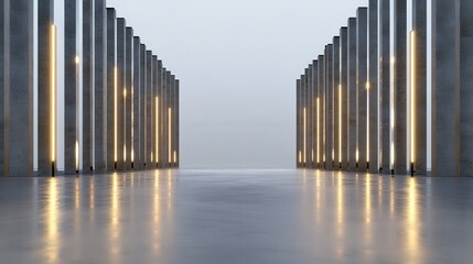Obraz premium Illuminated Concrete Pillars Reflecting in Polished Floor Modern Minimalist Architecture Abstract Geometric Design Interior Space Empty Room Light and Shadow Play