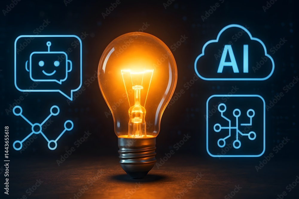 Poster a glowing lightbulb icon sits alongside floating ai, neural network, and chatbot symbols on a dark b