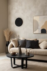 Terracotta & Beige Wall Art in Minimalist Living Room with Retro Table Decor