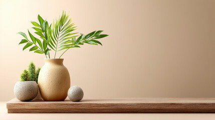 Minimalist room featuring natural wooden elements, showcasing vase with green leaves and decorative stones, creating serene and calming atmosphere