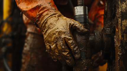 Worker's Hand in Mud Operating Industrial Equipment