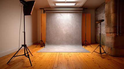 Realistic studio setup featuring soft neutral backdrop, warm lighting, and wooden flooring, creating inviting atmosphere for photography sessions. space is well equipped with lighting stands
