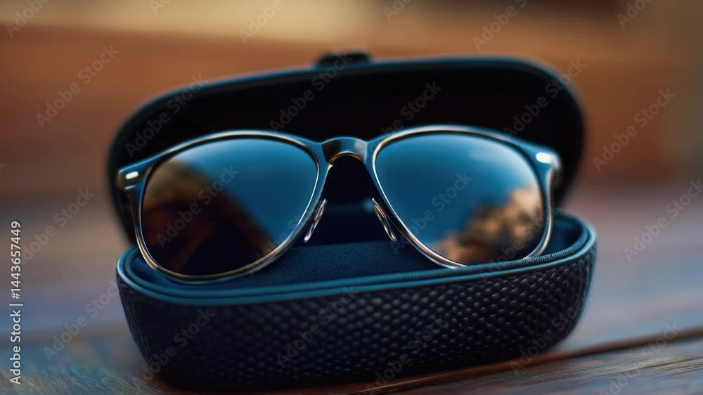 Poster a pair of sunglasses in a case lying on a table