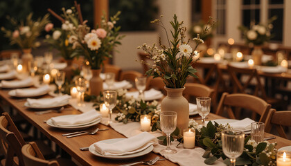 Elegant dining setup with candlelight and floral arrangements, DIY decor