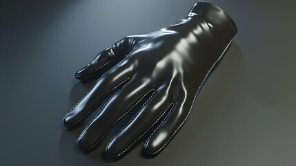 Naklejka premium Shiny black leather glove, lying flat on dark surface, studio lighting, fashion accessory