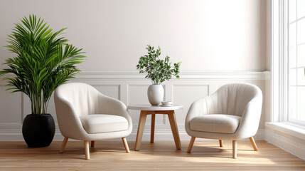 Obraz premium Bright minimalist room with sleek furniture, featuring two cozy chairs, small table, and decorative plants, creating serene and inviting atmosphere