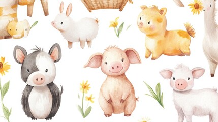 Obraz premium Adorable watercolor farm animals perfect for nursery decor, children's books, greeting cards, or clipart. Features cute illustrations ideal for kids. 