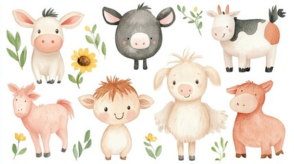 Obraz premium Adorable watercolor farm animals perfect for nursery decor, children's books, greeting cards, or clipart. Features cute illustrations ideal for kids. 