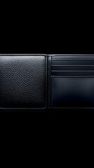 Navy leather wallet open, showcasing card slots, on black background; ideal for online store product shot