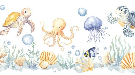 Adorable watercolor sea creatures create a continuous border.  Octopus, seahorse, jellyfish, turtle, clownfish, shells, seaweed, coral, and bubbles swim together.  Hand-drawn underwater scene.
 