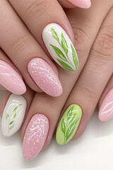 Pastel nail art with floral designs and glitter accents close up