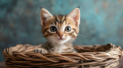 Curious tabby kitten with big eyes sitting in a woven basket against a blue background