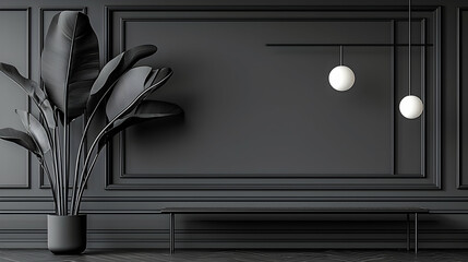 Monochrome interior design dark room, elegant plant, bench, minimalist lamps