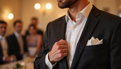 Groom adjusting pocket square at elegant wedding venue, romantic ambiance