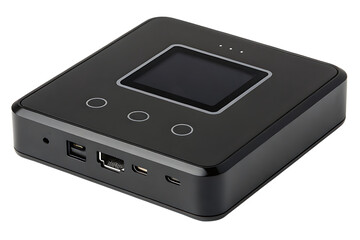 Obraz premium Modern black iot gateway device with screen and ports on transparent background