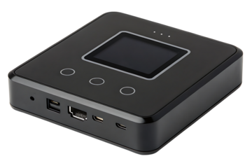 Modern black iot gateway device with screen and ports on transparent background