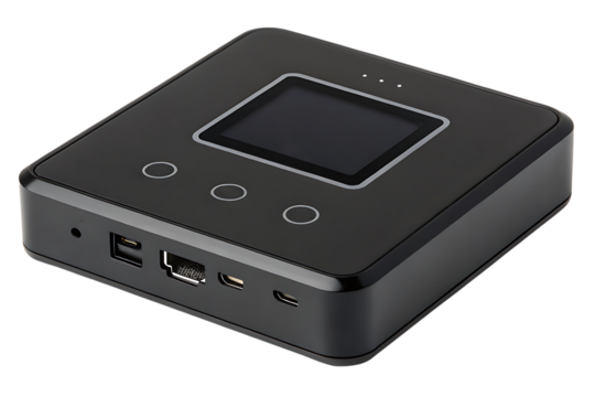 Modern black iot gateway device with screen and ports on transparent background