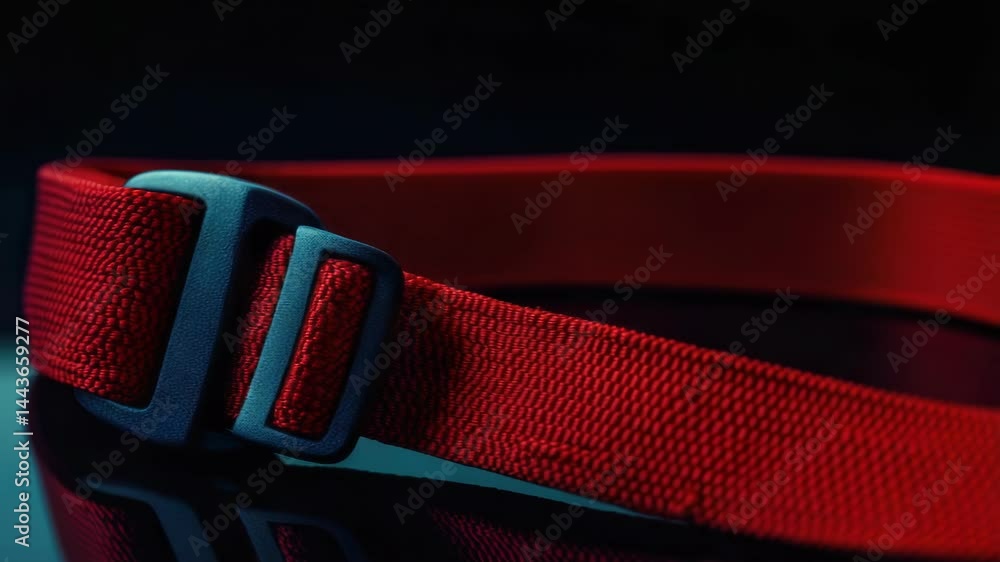 Poster a close-up shot of a bright red belt lying on a table, suitable for use in fashion or design context